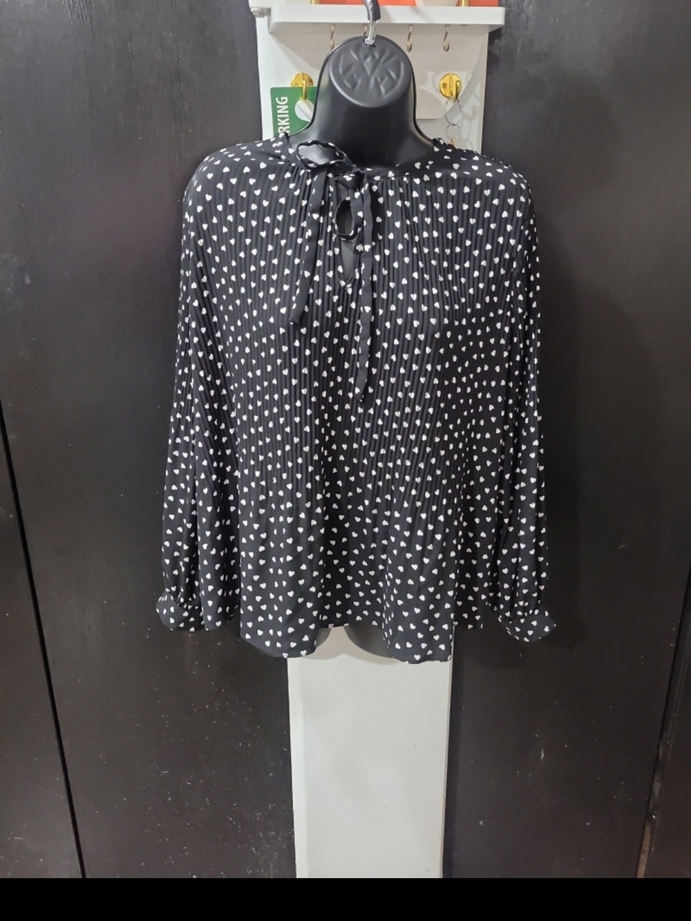 Adrianna Papell Black Blouse with White Heart Print and Tie Neck
